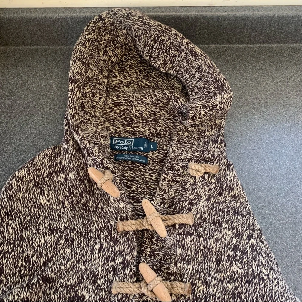 Vintage 1990s Polo Ralph Lauren Brown 100% Cotton Fisherman Toggle Sweater Sz L - Picture 6 of 8